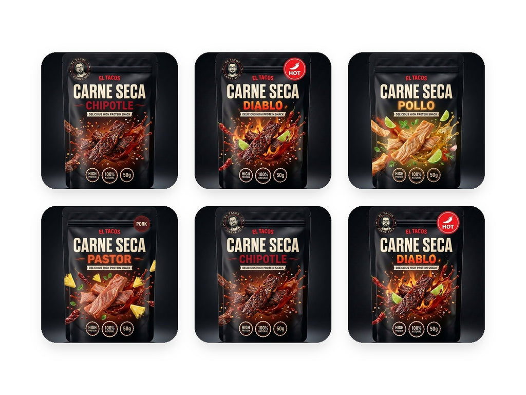Carne Seca Mix 5+1 — 6 pungi de 50g, toate aromele: Chipotle, Diablo, Pollo, Pastor