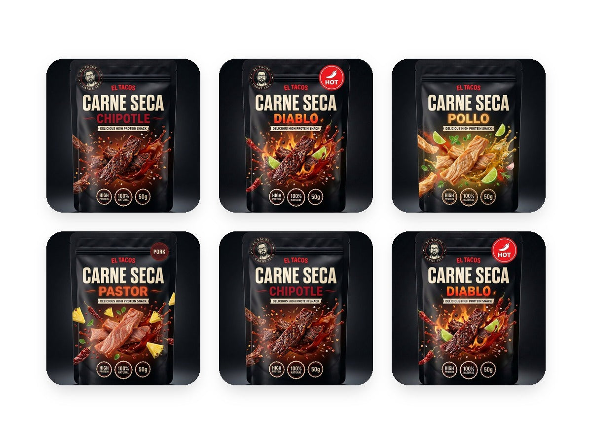 Carne Seca Mix 5+1 — 6 pungi de 50g, toate aromele: Chipotle, Diablo, Pollo, Pastor
