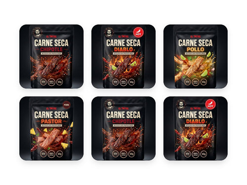 Carne Seca Mix 5+1 — 6 pungi de 50g, toate aromele: Chipotle, Diablo, Pollo, Pastor